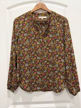 LOFT Black Floral Split-Neck Long-Sleeve Blouse with Pink and Yellow Flowers